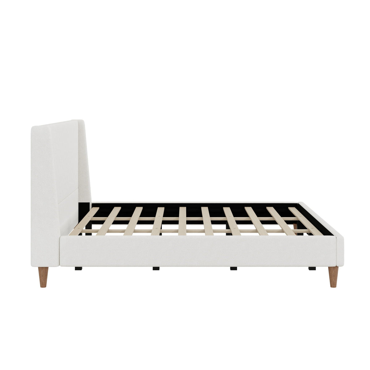 Upholstered modern platform bed with wingback headboard in white fabric, wooden legs on Tampa Home & Garden Store