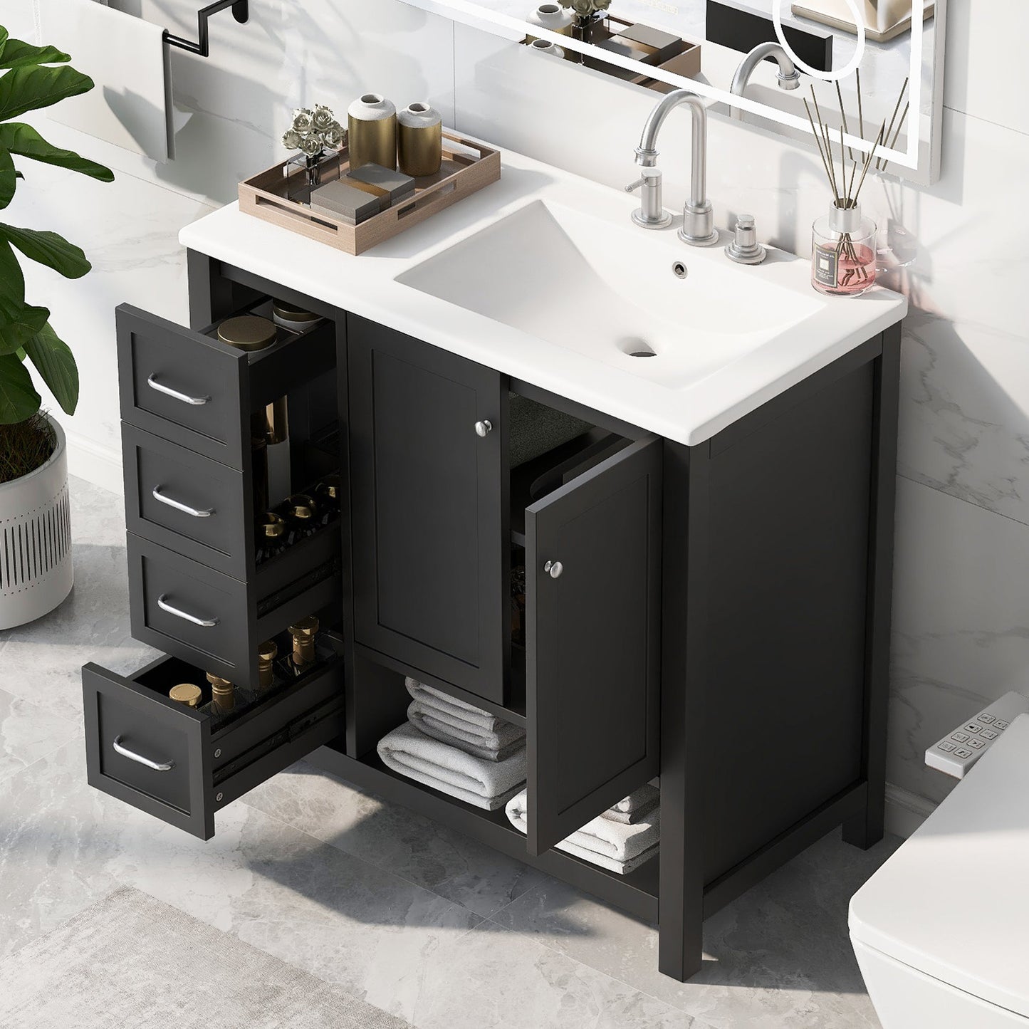 36-inch bathroom vanity with white sink top and black storage cabinet by HouseOfZazla on Tampa Home & Garden Store