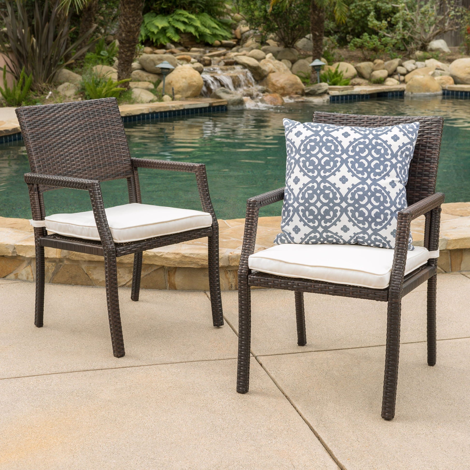 Outdoor wicker dining chairs by HouseOfZazla set of 2 in brown with waterproof cushions on Tampa Home & Garden Store