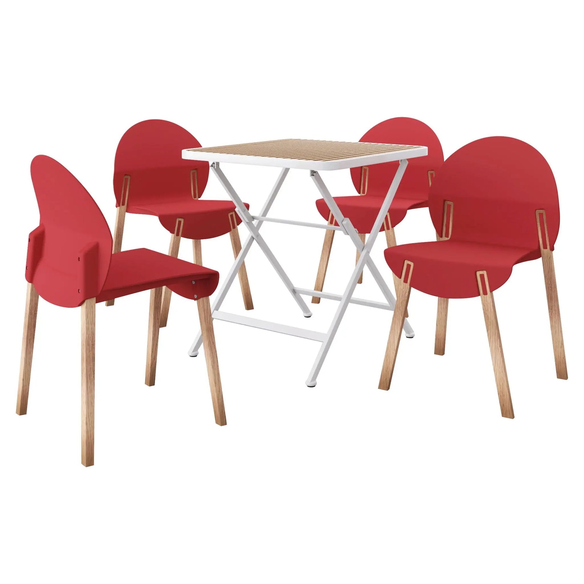 4-piece red chair set with wood legs and white folding square table on Tampa Home & Garden Store
