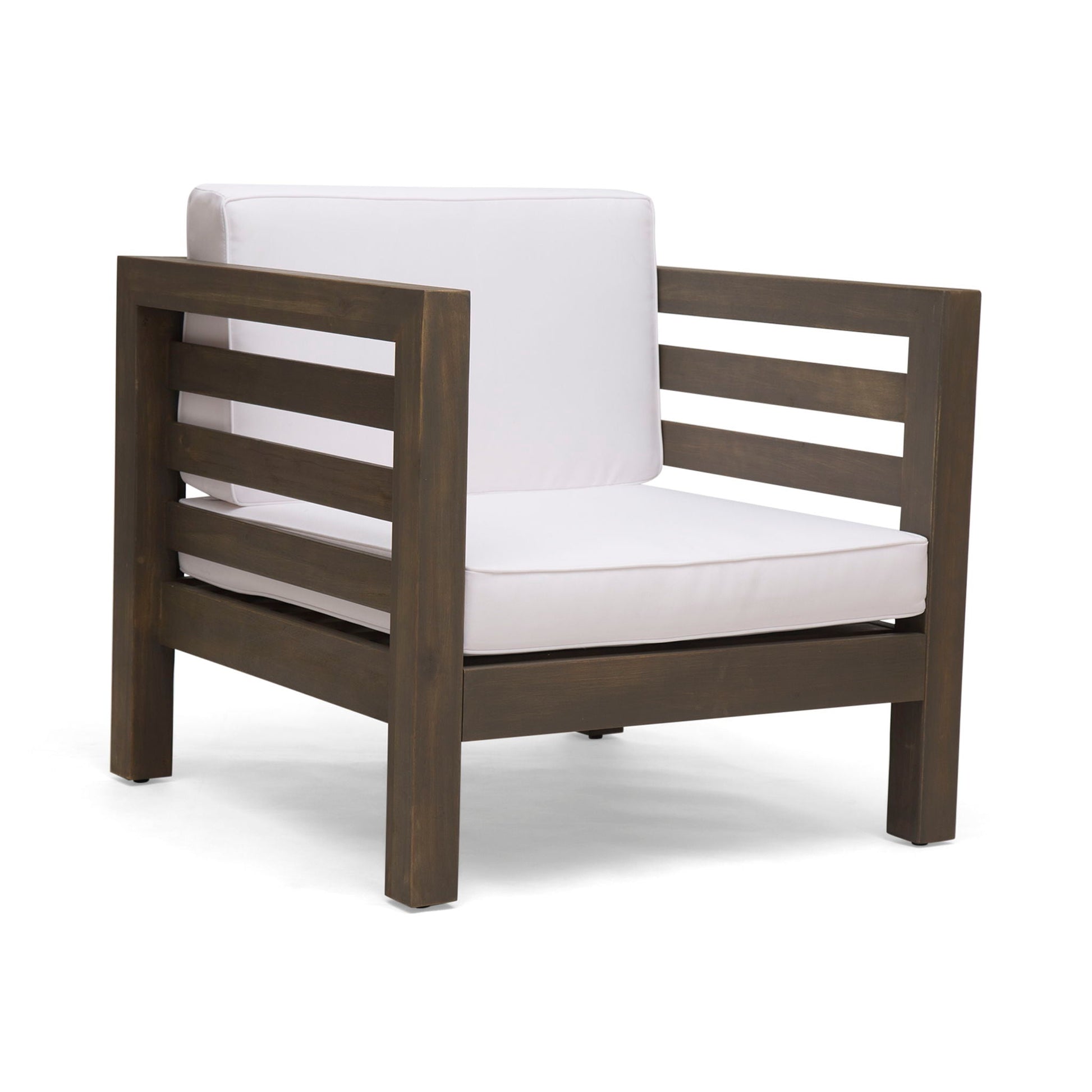 Outdoor acacia wood patio chair with white fabric cushion, slatted armrests, HouseOfZazla on Tampa Home & Garden Store