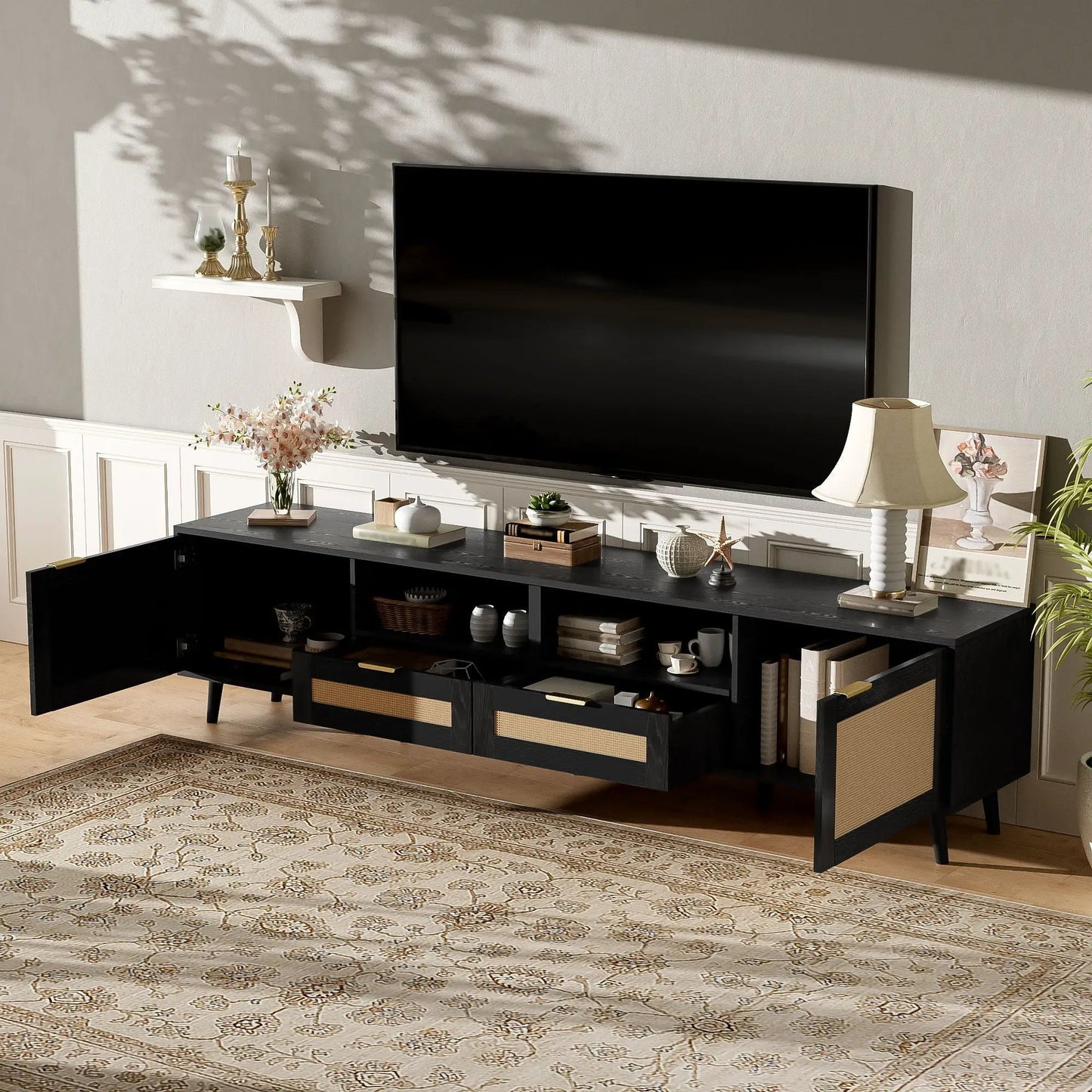 Rattan and Solid Wood TV Stand With Cable