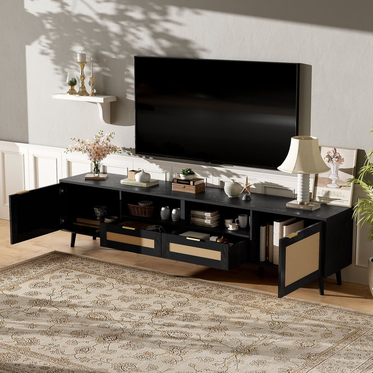 TV Stand Media Console with Cable Management in black wood, open shelves and decor accents on Tampa Home & Garden Store