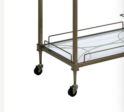 Aditya Mirrored & Antique Brass Finish Serving Cart with glass shelves and casters on Tampa Home & Garden Store