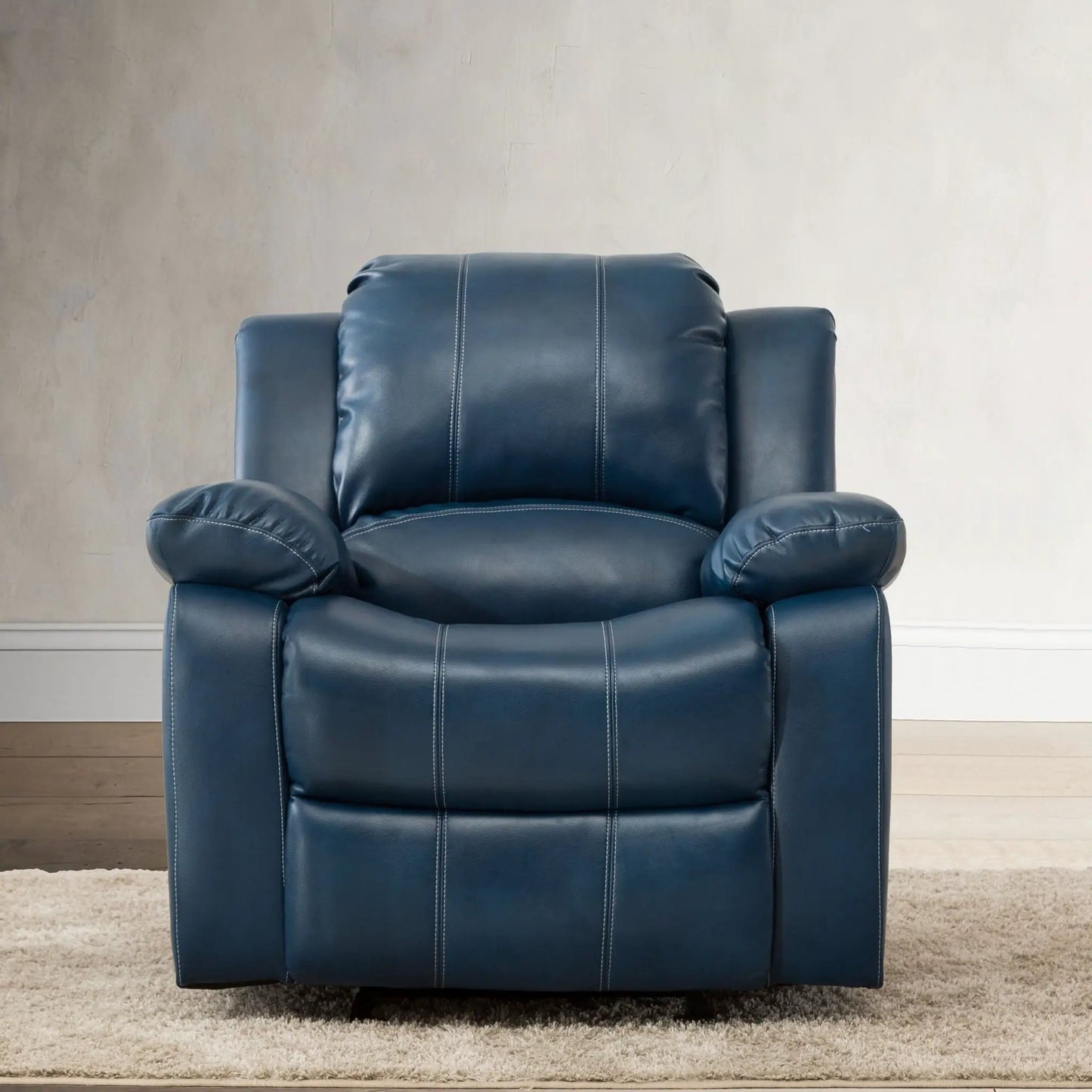 Charlotte - Glider Recliner With Classic Style in blue leather with white contrast stitching on Tampa Home & Garden Store