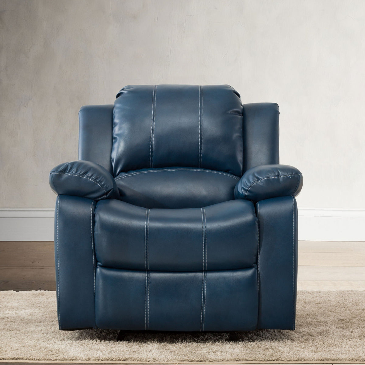 Charlotte Glider Recliner in blue leather with contrast white stitching on Tampa Home & Garden Store