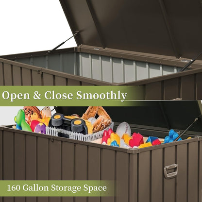 Brown 160-gallon outdoor storage deck box with lid open, gray interior visible and toys inside on Tampa Home & Garden Store