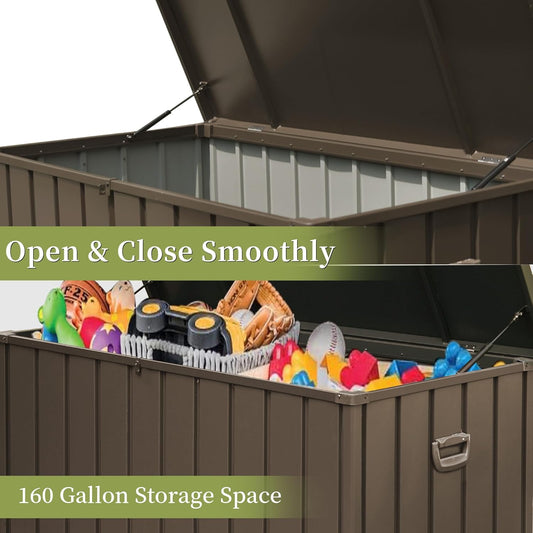 Brown 160-gallon outdoor storage deck box with lid open, gray interior visible and toys inside on Tampa Home & Garden Store