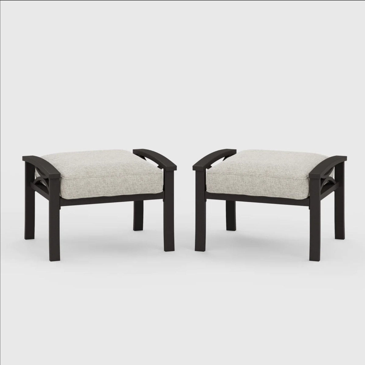 Modern all-weather ottomans with cushions, beige fabric on dark metal frames, set of 2 on Tampa Home & Garden Store