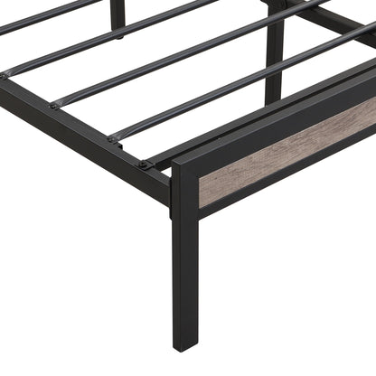 Storage bed frame in black metal with wood-grain accent panel and slatted base on Tampa Home & Garden Store