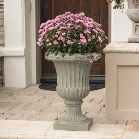 Italian Urn Antique Green Planter by HouseOfZazla, weathered ribbed gray-green finish on Tampa Home & Garden Store