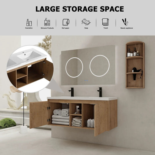 48-inch wall-mounted vanity with double resin sinks, plywood storage rack, imitation oak finish Unique Piece Furniture on Tampa Home & Garden Store