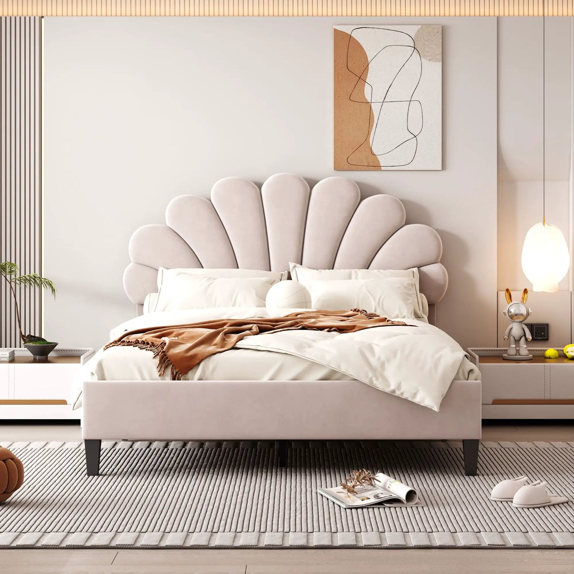 Upholstered platform bed with gray scalloped headboard by Unique Piece Furniture on Tampa Home & Garden Store