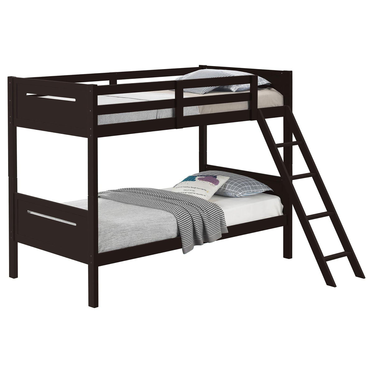 Bunk bed with built in ladder, safety guardrails and angled steps in dark brown by HouseOfZazla on Tampa Home & Garden Store