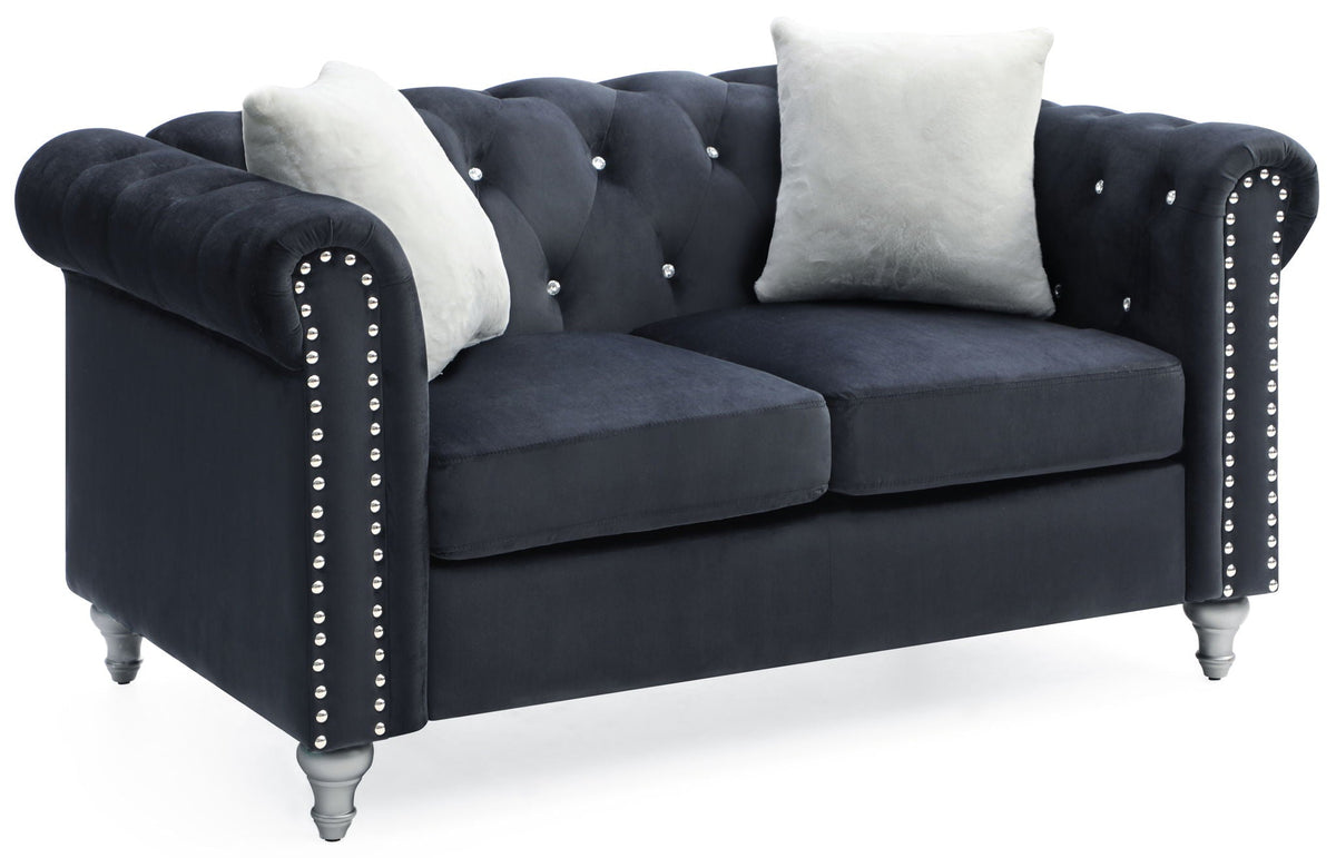 Contemporary navy velvet loveseat with jeweled tufting, crystal buttons, and nailhead trim on Tampa Home & Garden Store
