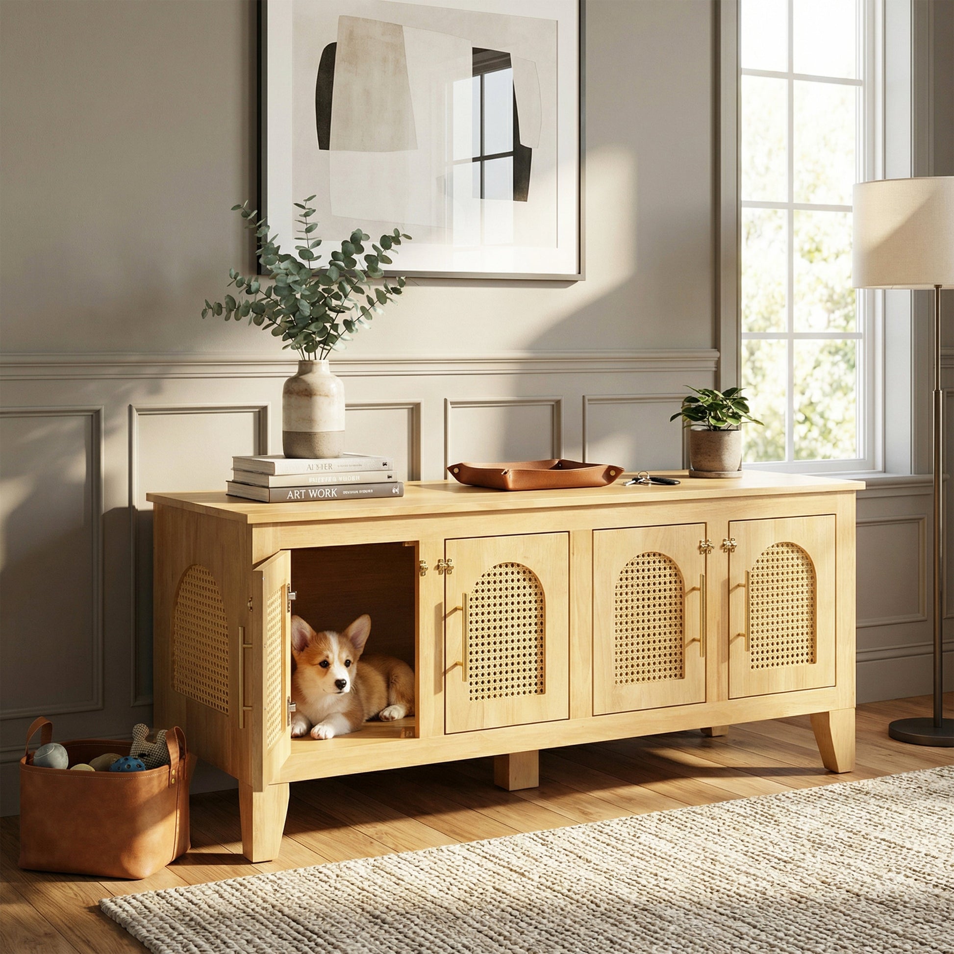 Lars indoor dog crate cabinet in natural rubber wood with rattan detailing by HouseOfZazla on Tampa Home & Garden Store