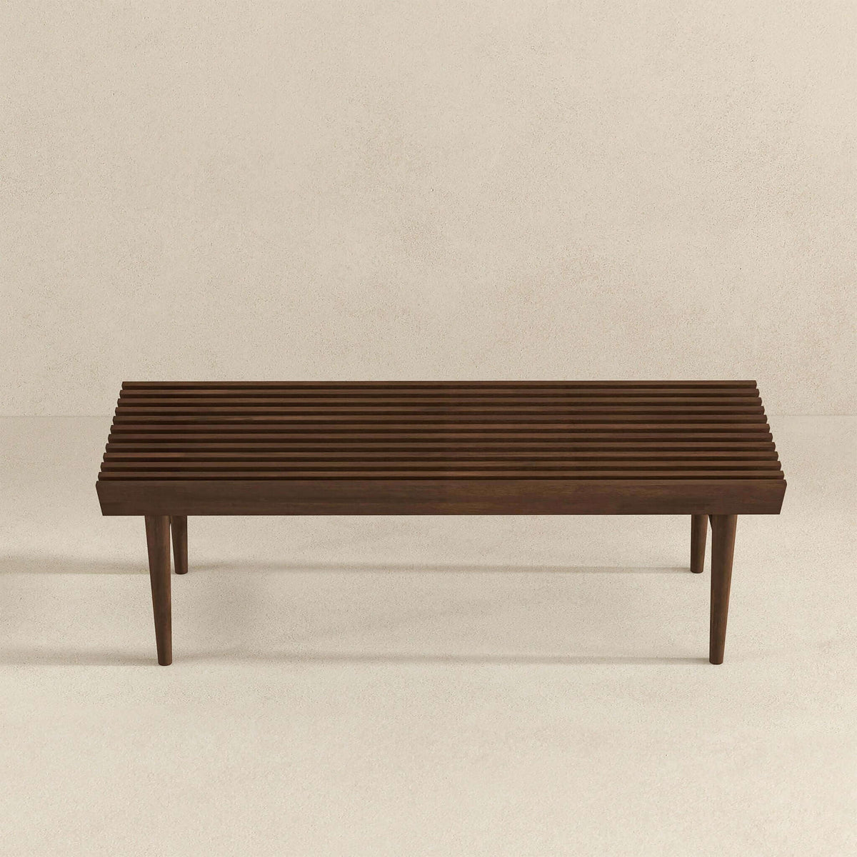 Dark brown wood accent bench Mia with solid wood frame, slatted top, tapered legs on Tampa Home & Garden Store