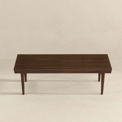 Dark brown wood accent bench Mia with solid wood frame, slatted top, tapered legs on Tampa Home & Garden Store