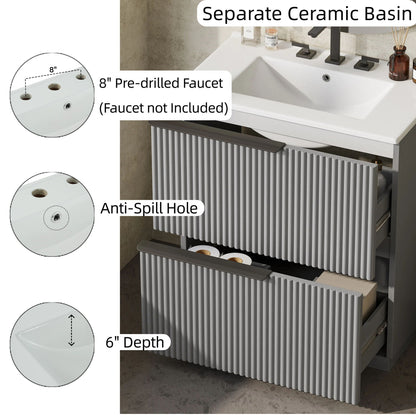 Fluted bathroom vanity with ceramic sink, white cabinet and matte black fixtures HouseOfZazla on Tampa Home & Garden Store