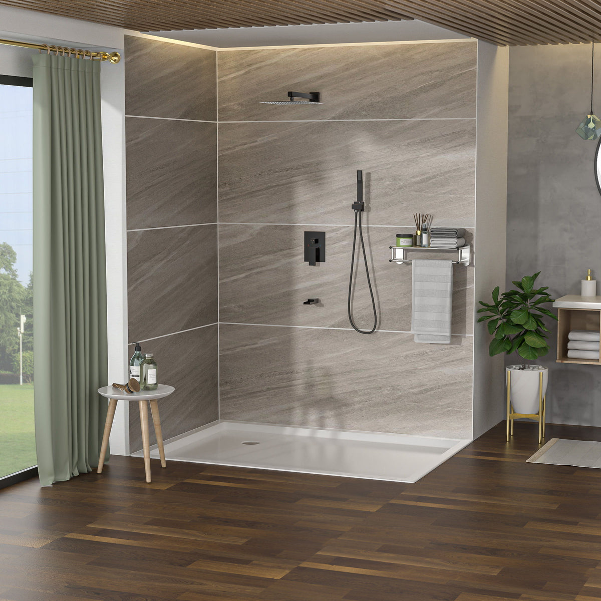 HouseOfZazla 10-Inch square shower wall kit with three black matte fixtures and rainfall head on Tampa Home & Garden Store