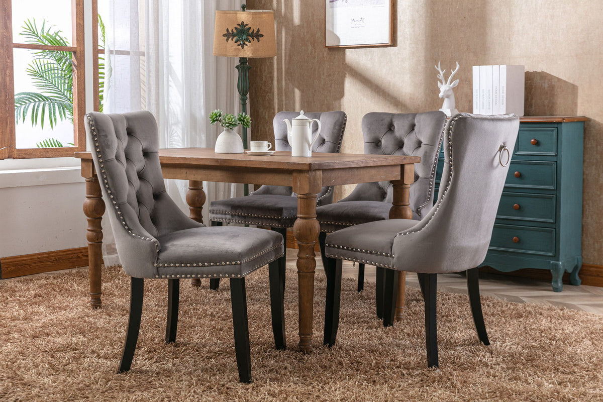 Tufted Velvet Dining Chair Set by HouseOfZazla in gray with nailhead trim, 4 chairs on Tampa Home & Garden Store