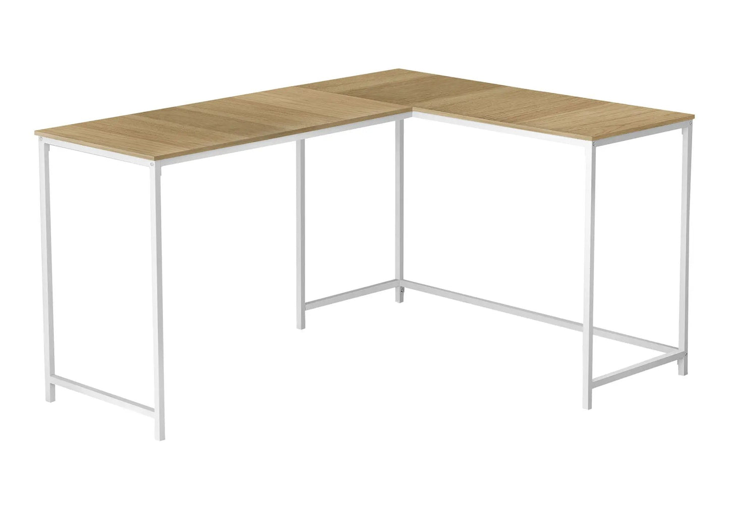 L-shaped corner desk for home office with white metal frame and light wood top on Tampa Home & Garden Store