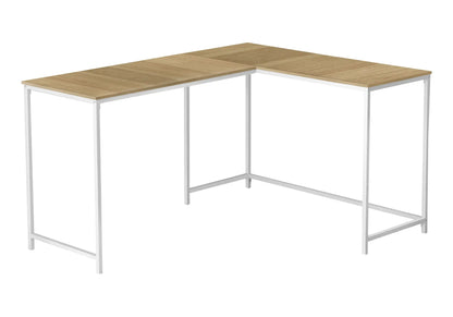 L-shaped corner desk for home office with white metal frame and light wood top on Tampa Home & Garden Store