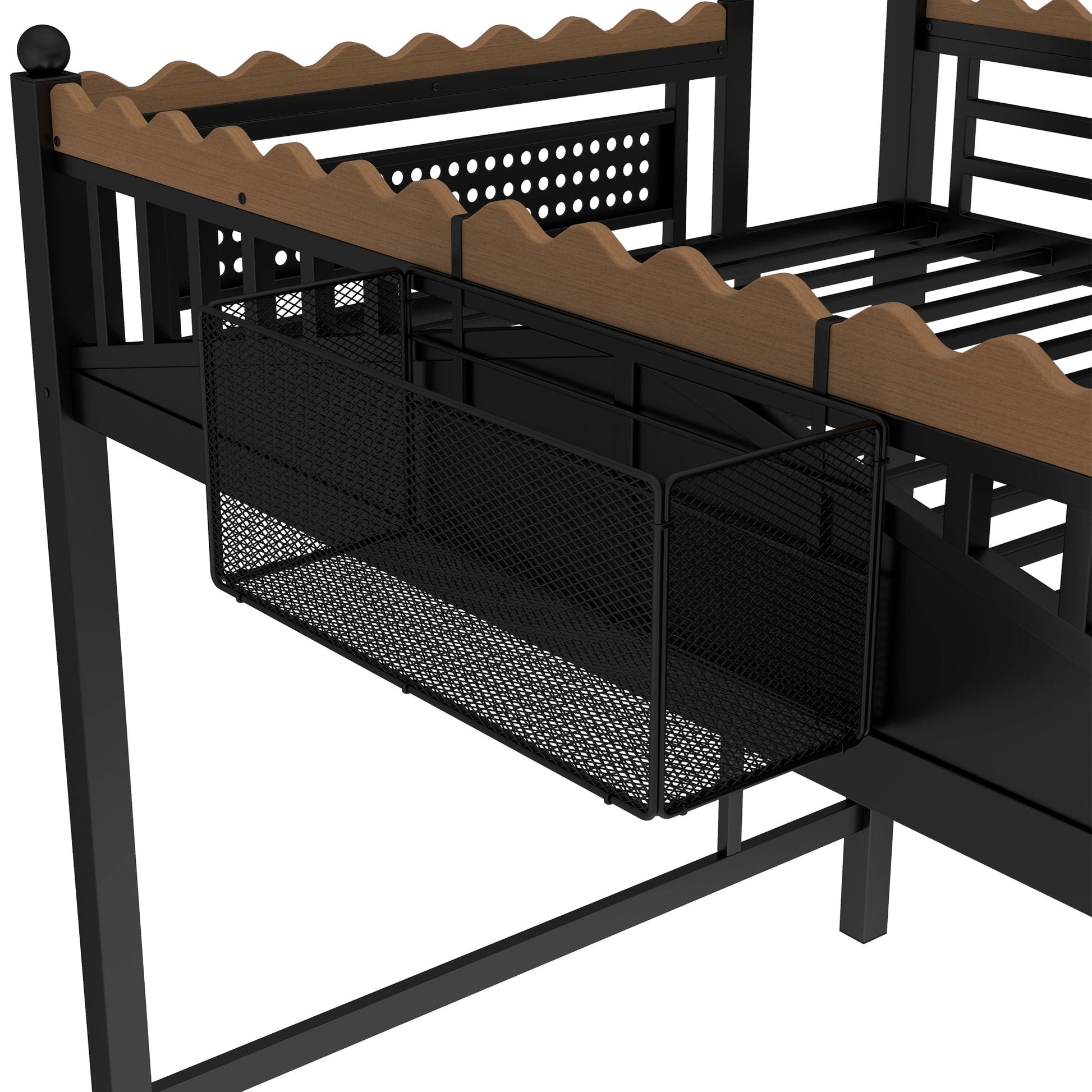 Black metal full-size loft bed with natural wood scalloped guard rails and pull-out mesh basket on Tampa Home & Garden Store