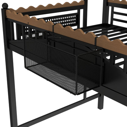 Black metal full-size loft bed with natural wood scalloped guard rails and pull-out mesh basket on Tampa Home & Garden Store