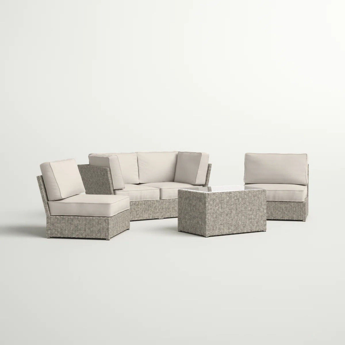 Modular wicker patio seating group with beige cushions, 4-piece set in gray wicker HouseOfZazla on Tampa Home & Garden Store