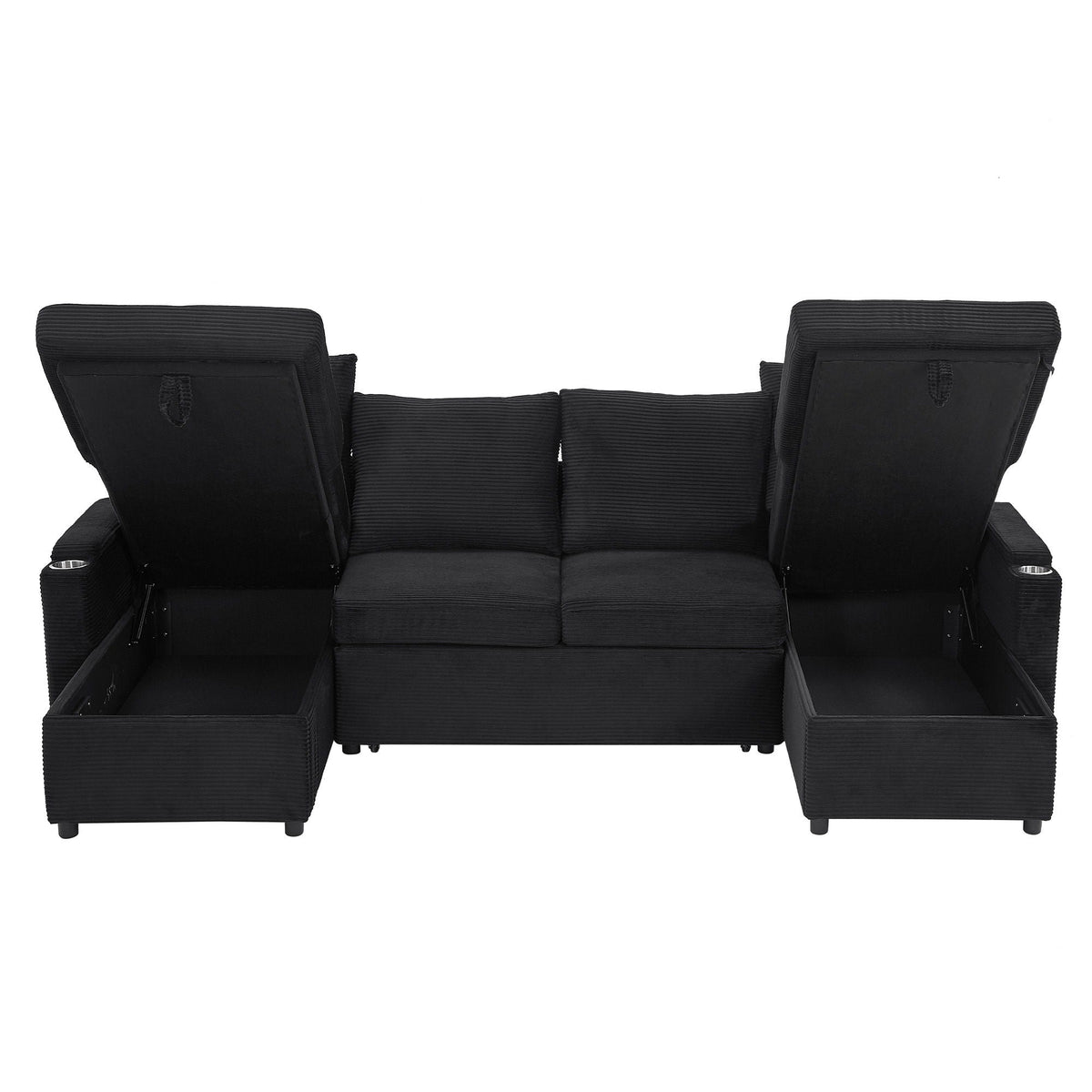 HouseOfZazla black U-shaped sleeper sectional with storage ottomans USB ports and cup holders on Tampa Home & Garden Store