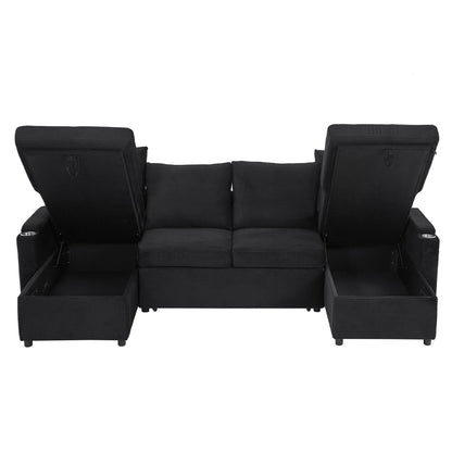 HouseOfZazla black U-shaped sleeper sectional with storage ottomans USB ports and cup holders on Tampa Home & Garden Store