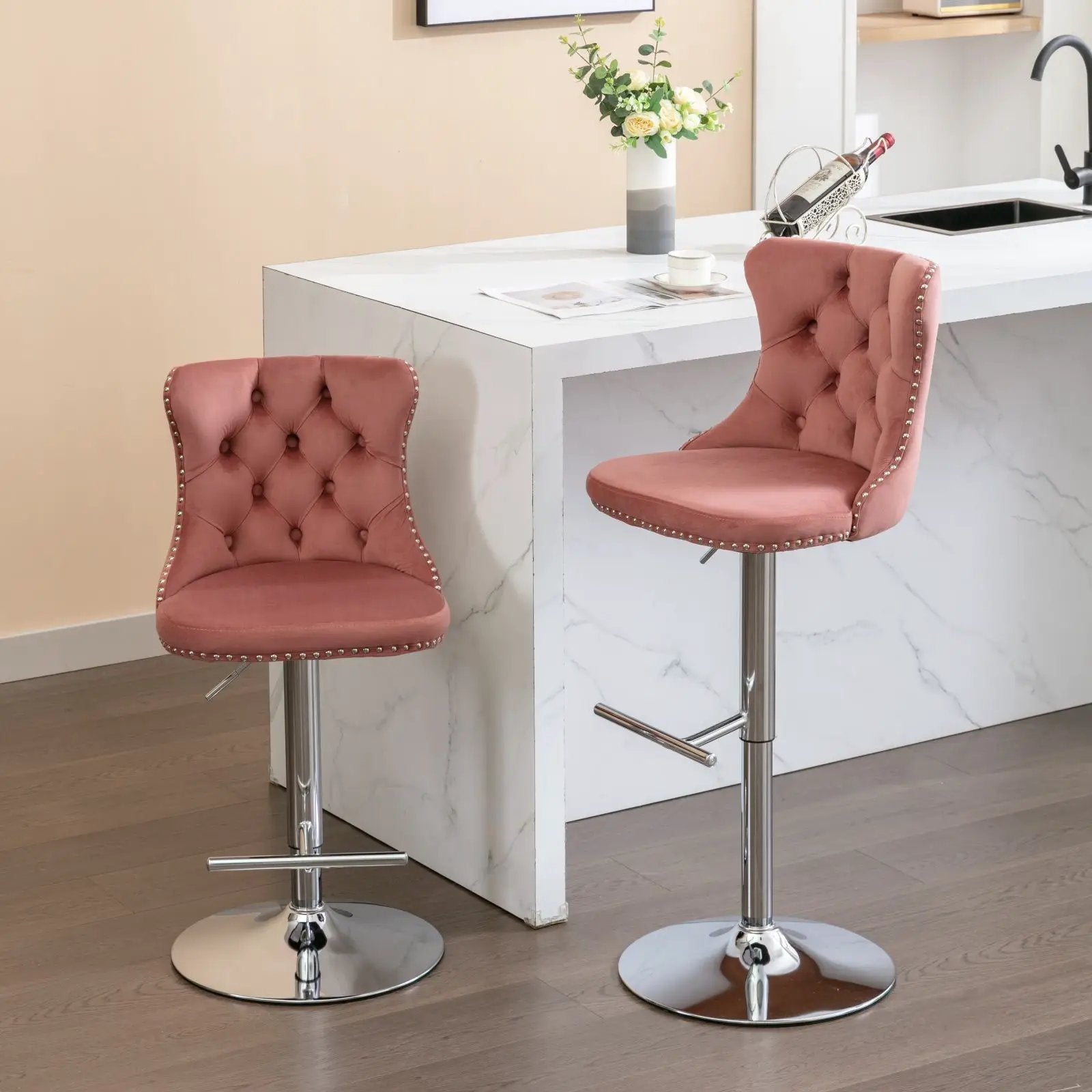 Set of 2 pink tufted swivel bar stools with backs, chrome pedestal bases, 25–33 in height on Tampa Home & Garden Store