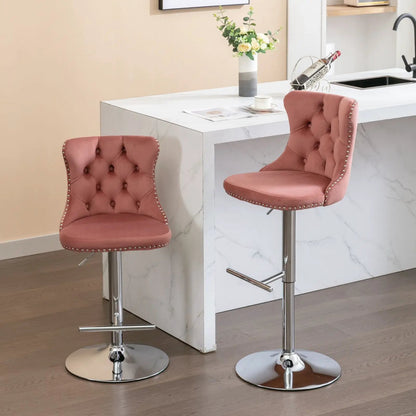 Set of 2 pink tufted swivel bar stools with backs, chrome pedestal bases, 25–33 in height on Tampa Home & Garden Store