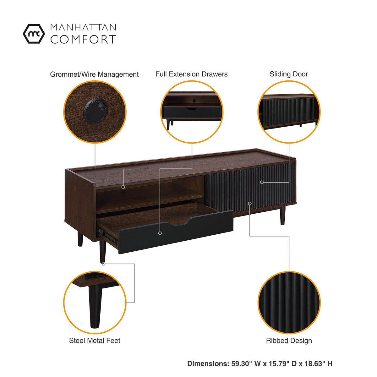 Fluted TV Stand with Sliding Door brown wood with black ribbed panels Manhattan Comfort on Tampa Home & Garden Store