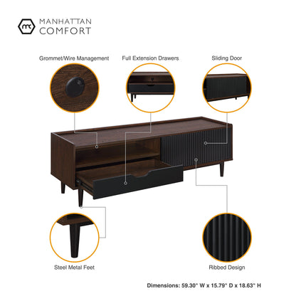 Fluted TV Stand with Sliding Door brown wood with black ribbed panels Manhattan Comfort on Tampa Home & Garden Store