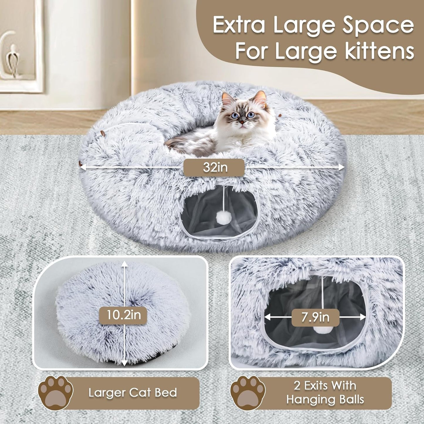 Cat tunnel bed in grey faux fur with washable mat and peekaboo tunnel entry Sell My Stuff on Tampa Home & Garden Store