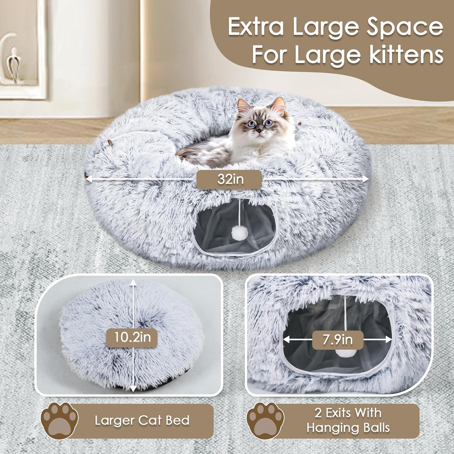 Cat tunnel bed in grey faux fur with washable mat and peekaboo tunnel entry Sell My Stuff on Tampa Home & Garden Store
