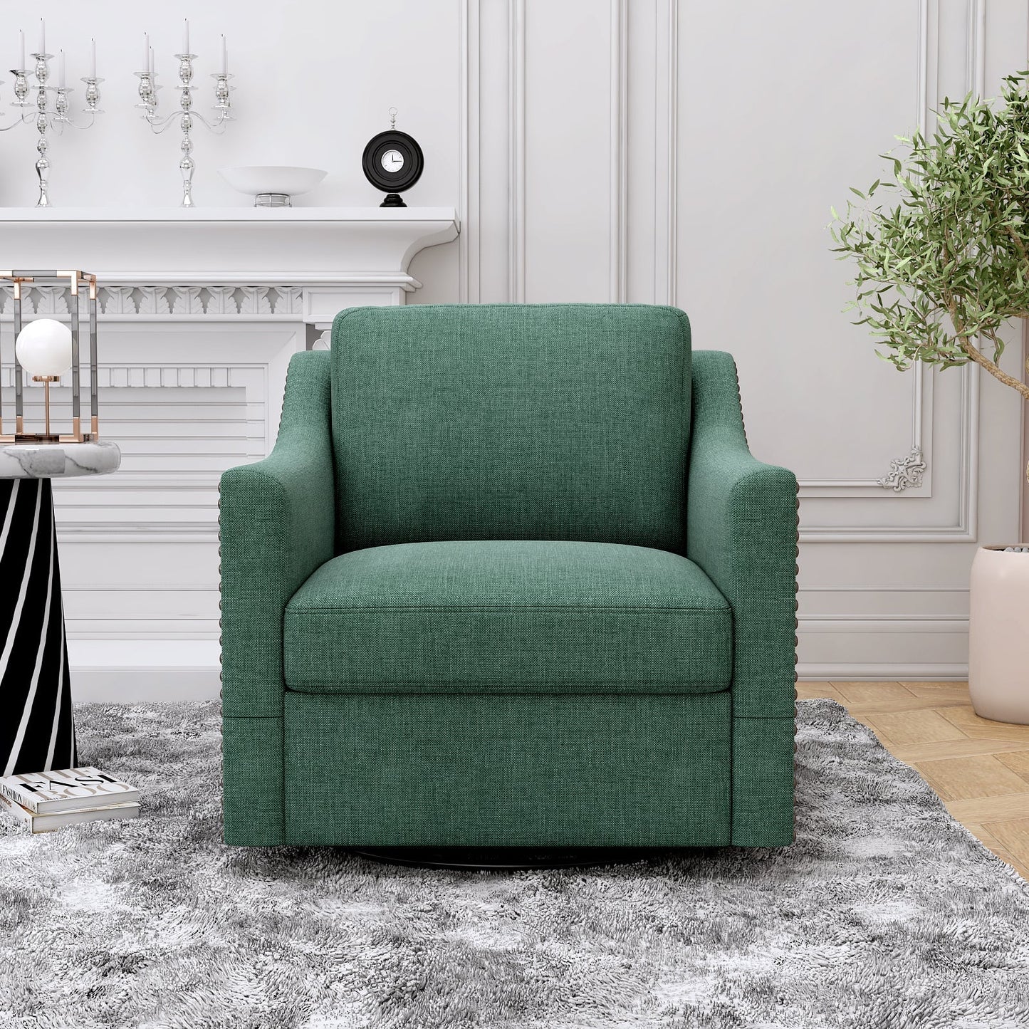 360 Degree Swivel Armchair by HouseOfZazla in green cotton-linen with brass nail detailing on Tampa Home & Garden Store