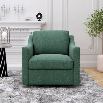 360 Degree Swivel Armchair by HouseOfZazla in green cotton-linen with brass nail detailing on Tampa Home & Garden Store