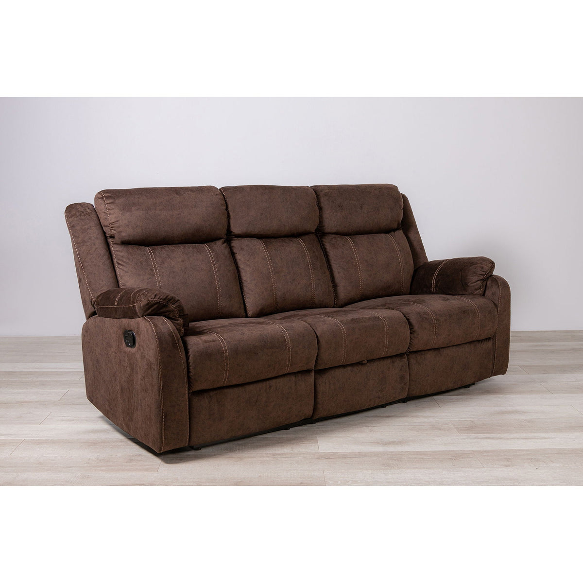 Domino reclining sofa by HouseOfZazla in brown suede upholstery on Tampa Home & Garden Store