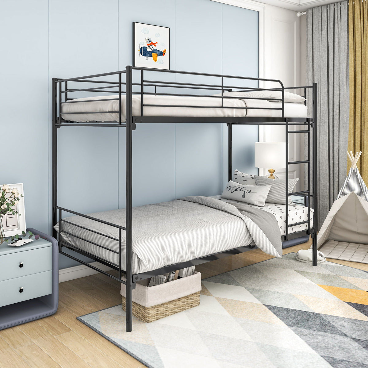 Twin over twin metal bunk bed by HouseOfZazla in black finish with guard rails and ladder on Tampa Home & Garden Store