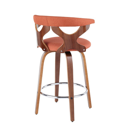 Mid Century Modern fixed-height counter stool with swivel and orange fabric seat on Tampa Home & Garden Store