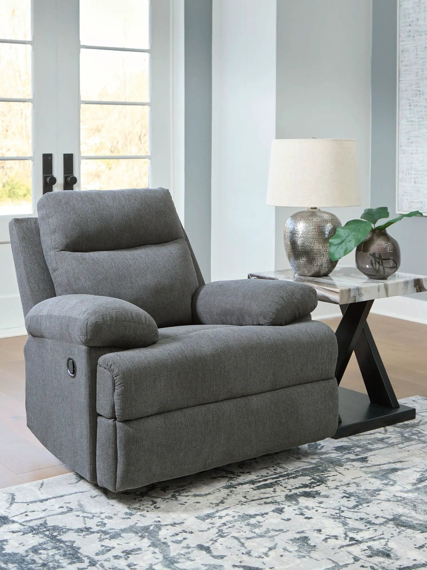 Side-Swipe - Rocker Recliner in charcoal gray fabric by Unique Piece Furniture with plush cushions on Tampa Home & Garden Store