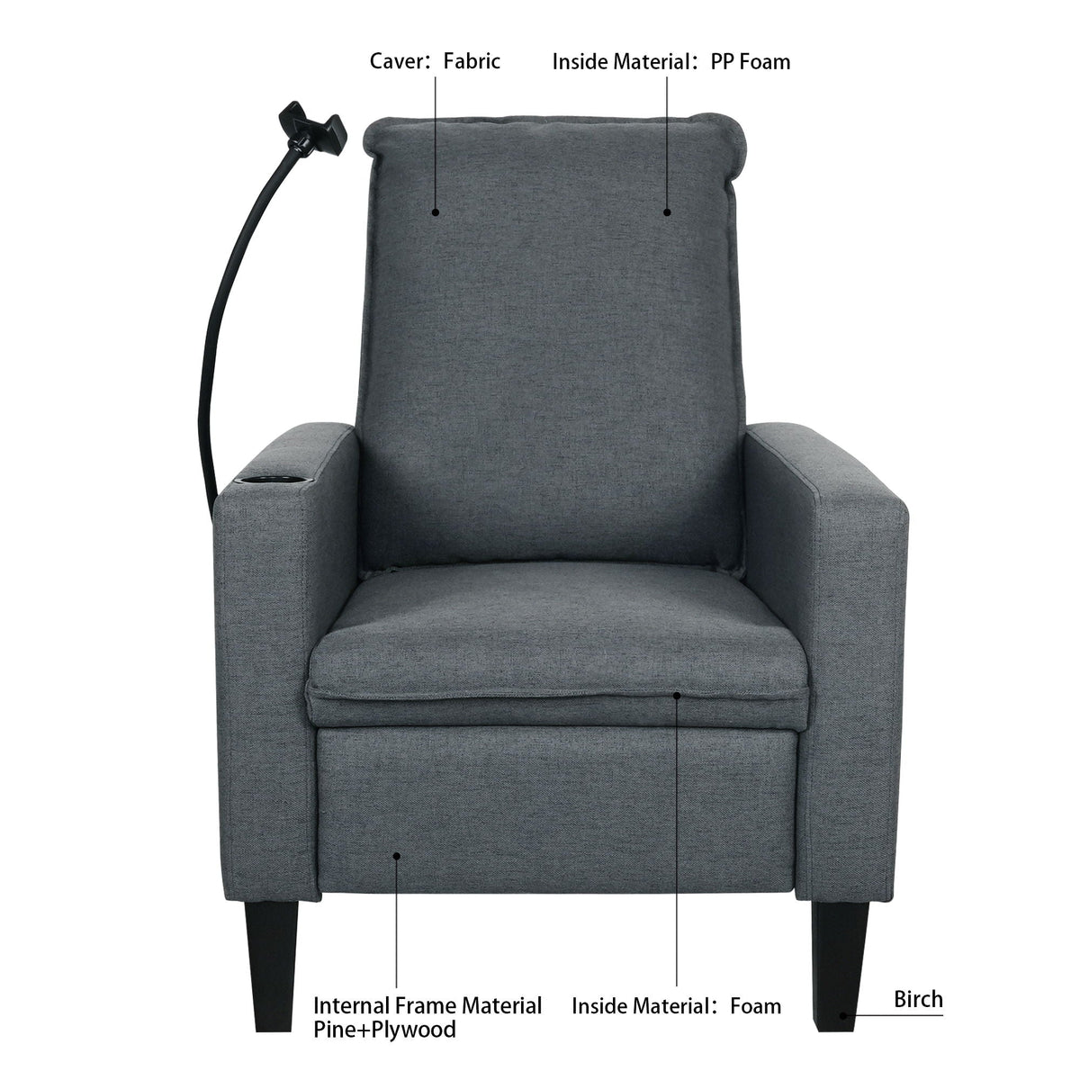 Fabric reclining chair with cup holder and phone holder, dark gray upholstery on Tampa Home & Garden Store