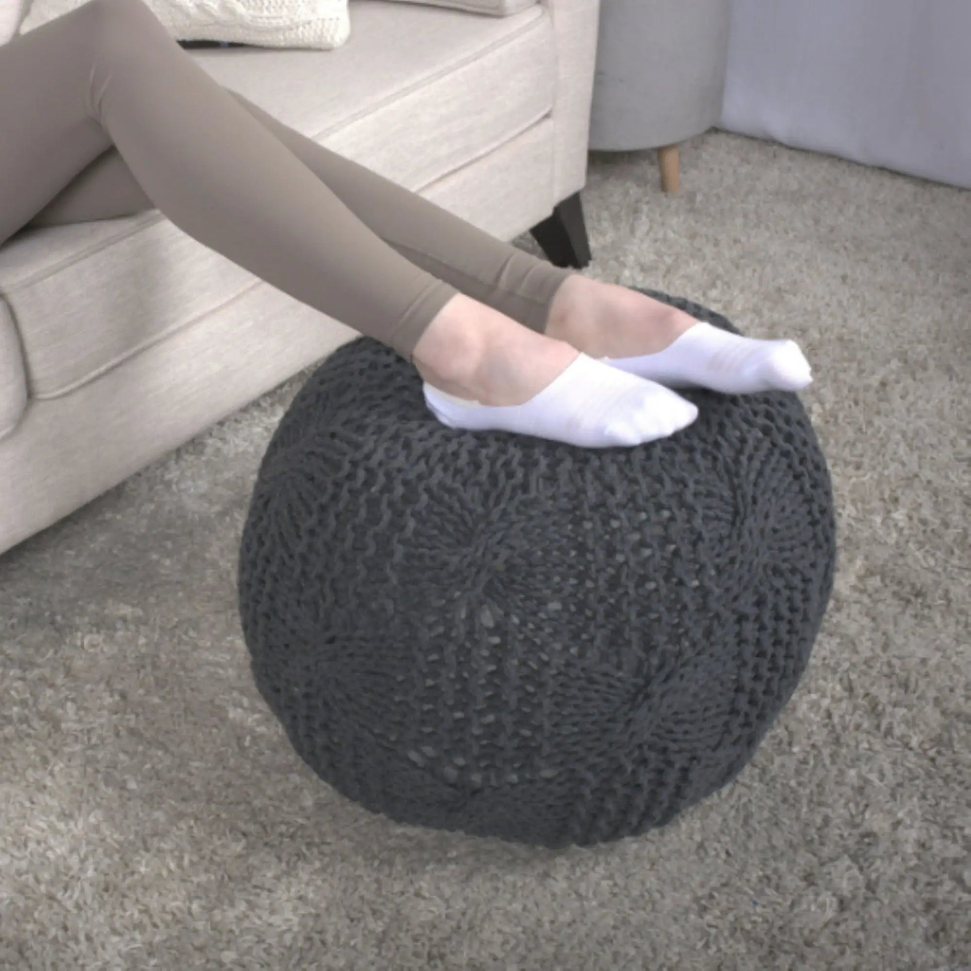 Bordeaux knitted round pouf in charcoal gray with chunky knit texture on Tampa Home & Garden Store