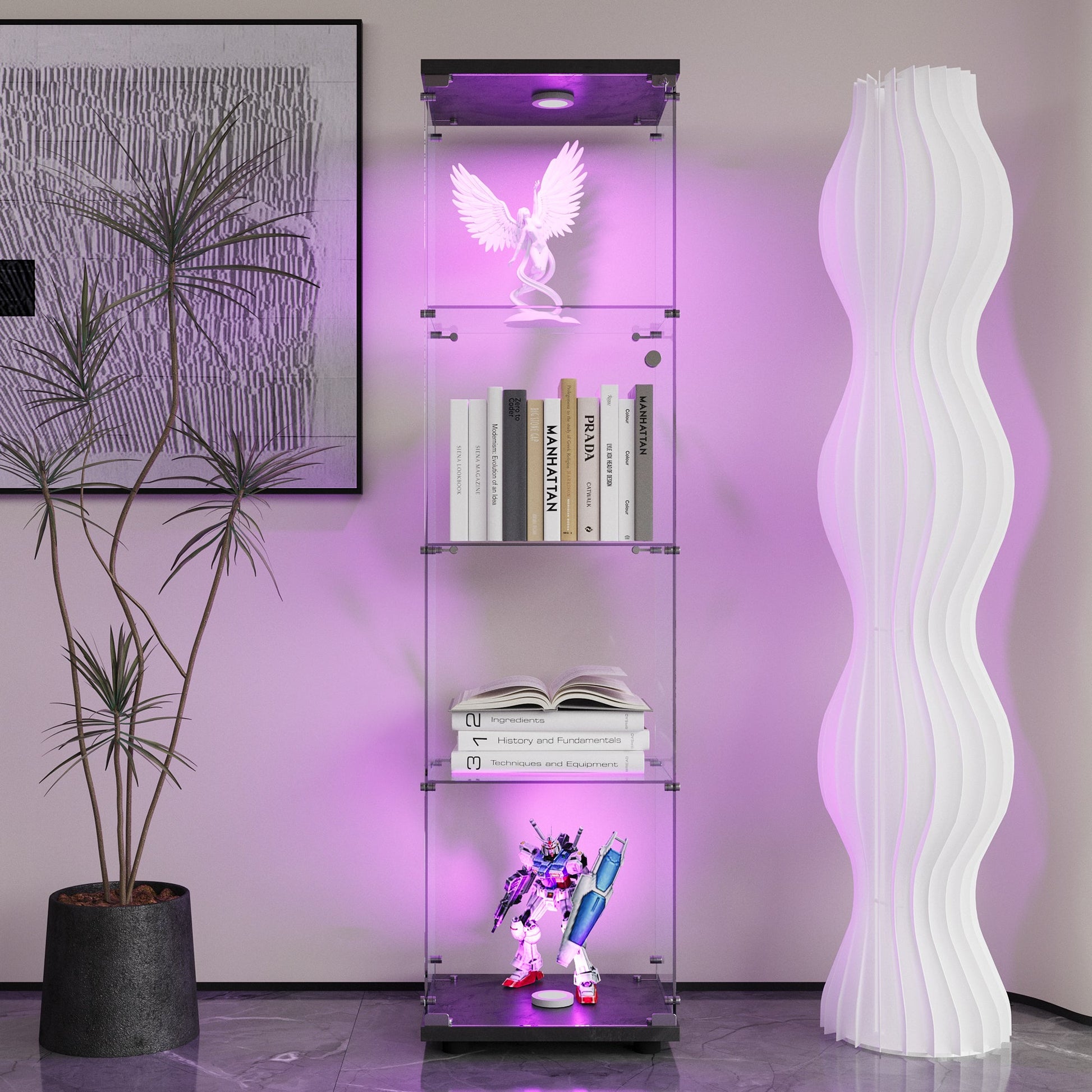 4 LED light glass display cabinets with door shelves, floor standing antique bookshelf, 64.7 "* 16.7" * 14.3 ", black - Tampa Home & Garden Store