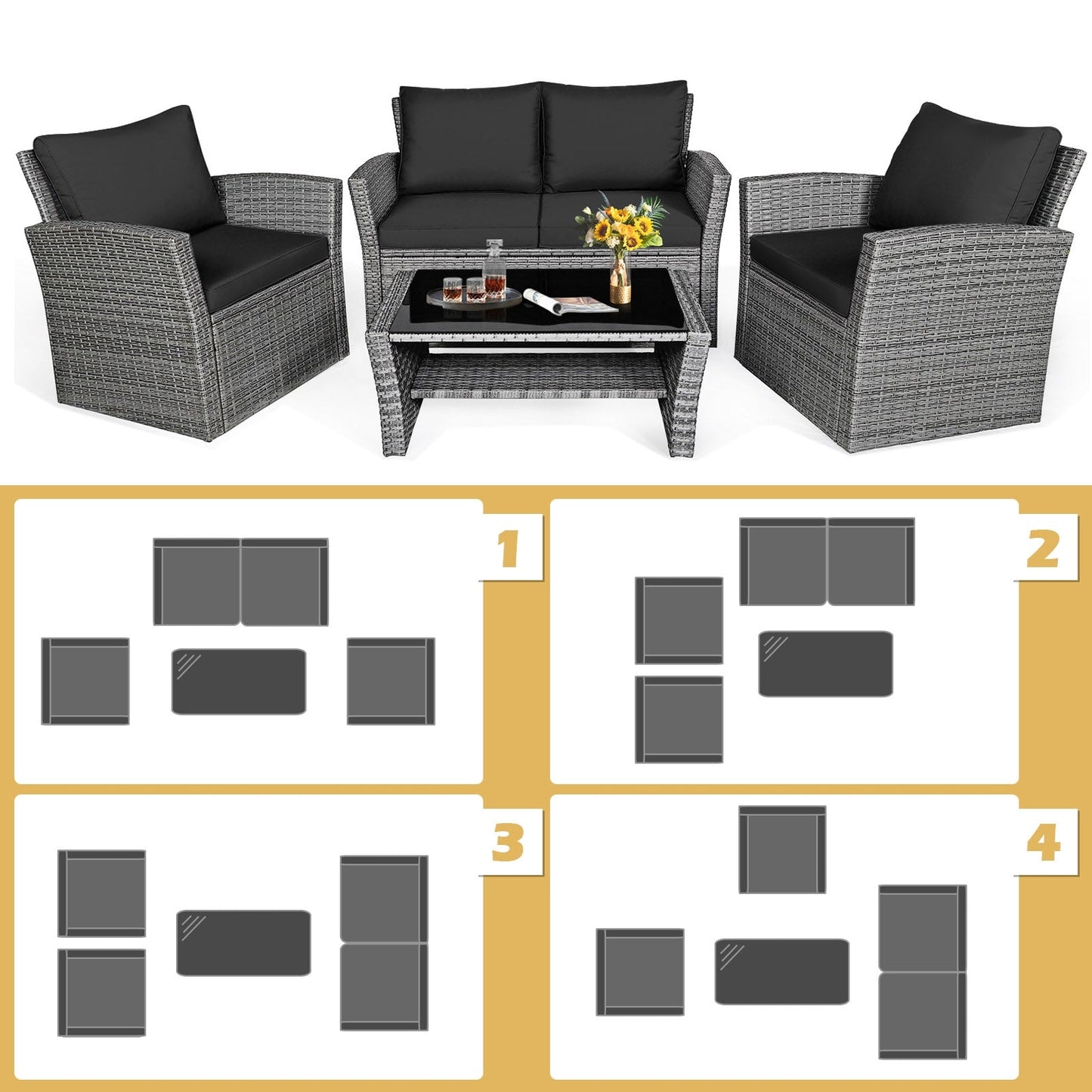 Juego de muebles de ratán para patio de 4 piezas con sofá, mesa con estante de almacenamiento y cojines - Negro