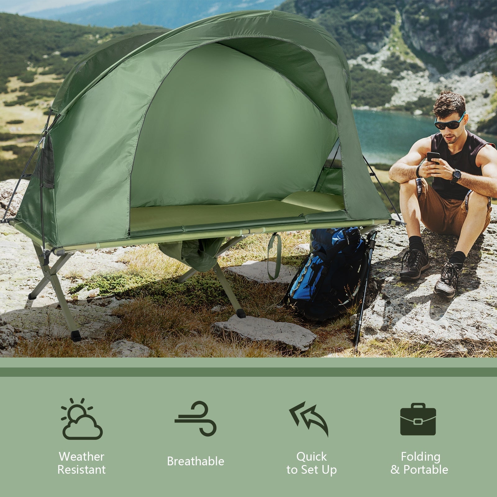 Cot Elevated Compact Tent Set with External Cover in green for outdoor camping by lake on Tampa Home & Garden Store