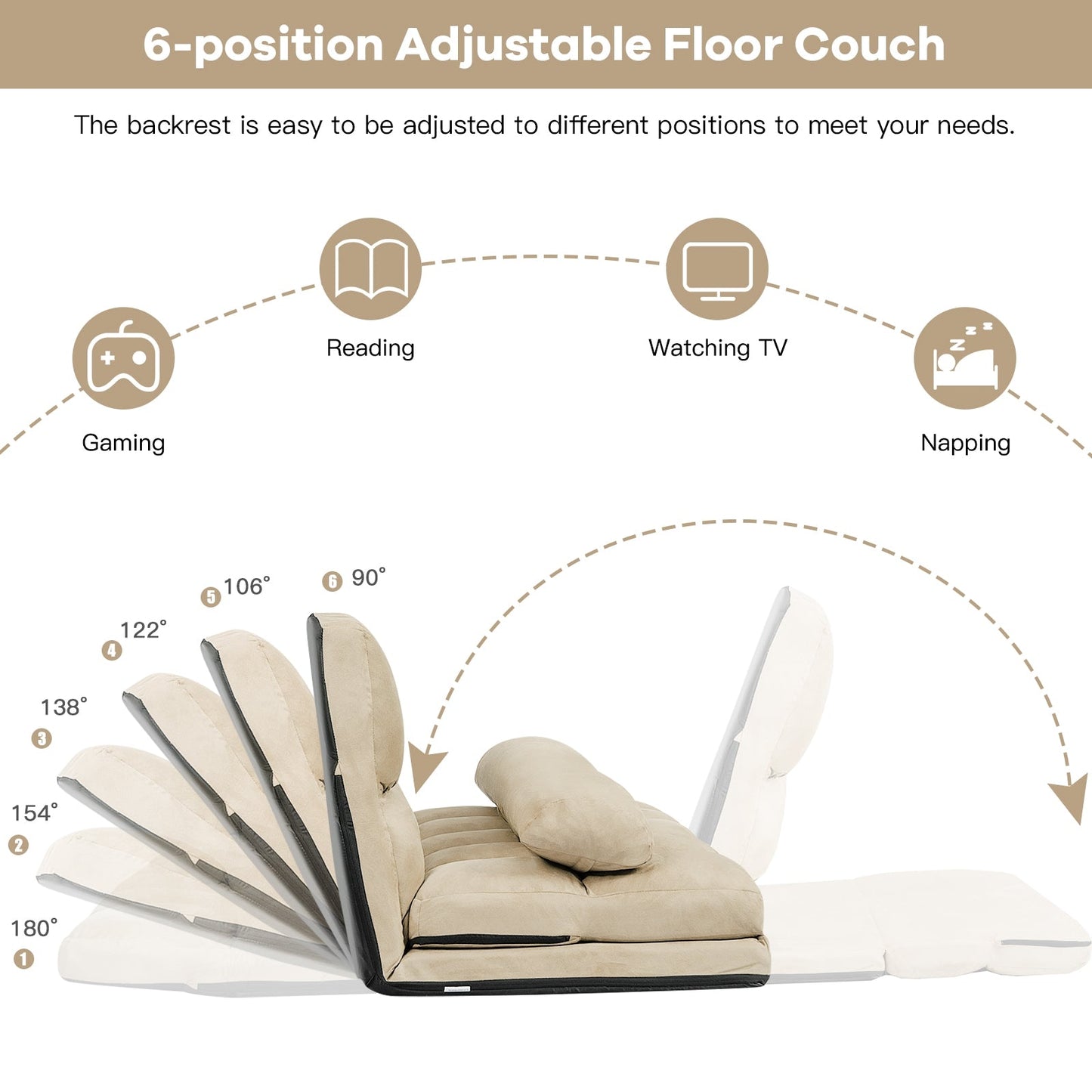 Sofá Cama Plegable de Suelo de 6 Posiciones con Funda de Tela Desmontable - Beige